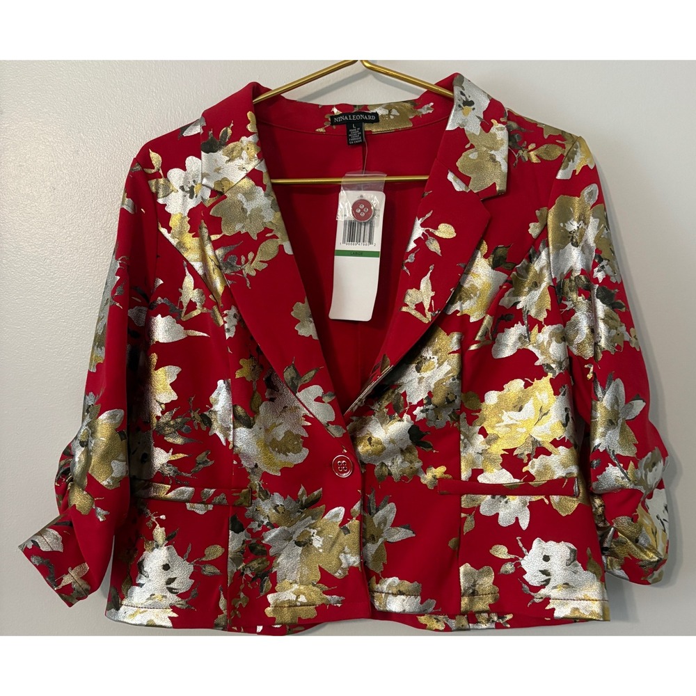 Nina Leonard Red Floral Metallic Gold Silver Blazer Jacket L6994LF Womens Large